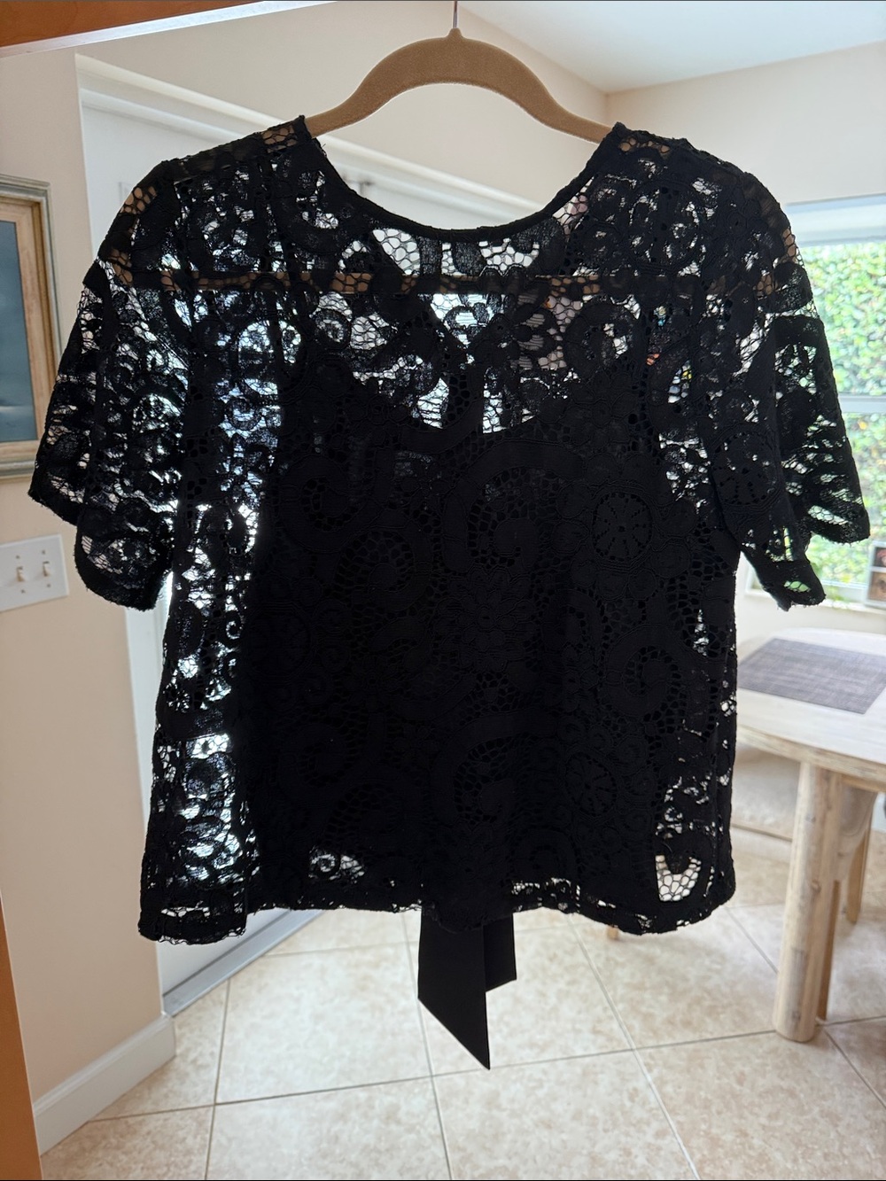 Nanette Lepore Black Lace Short Sleeve Blouse with bow tie back